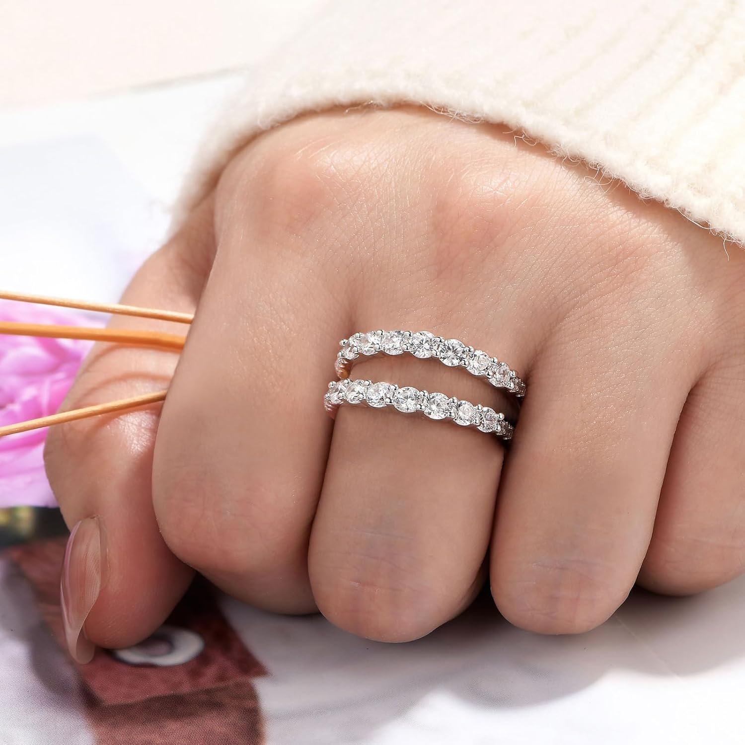 Wuziwen Ring Enhancer for Engagement Rings Two Row Sterling Silver Wedding Bands for Women Stackable Cubic Zirconia - Image 2