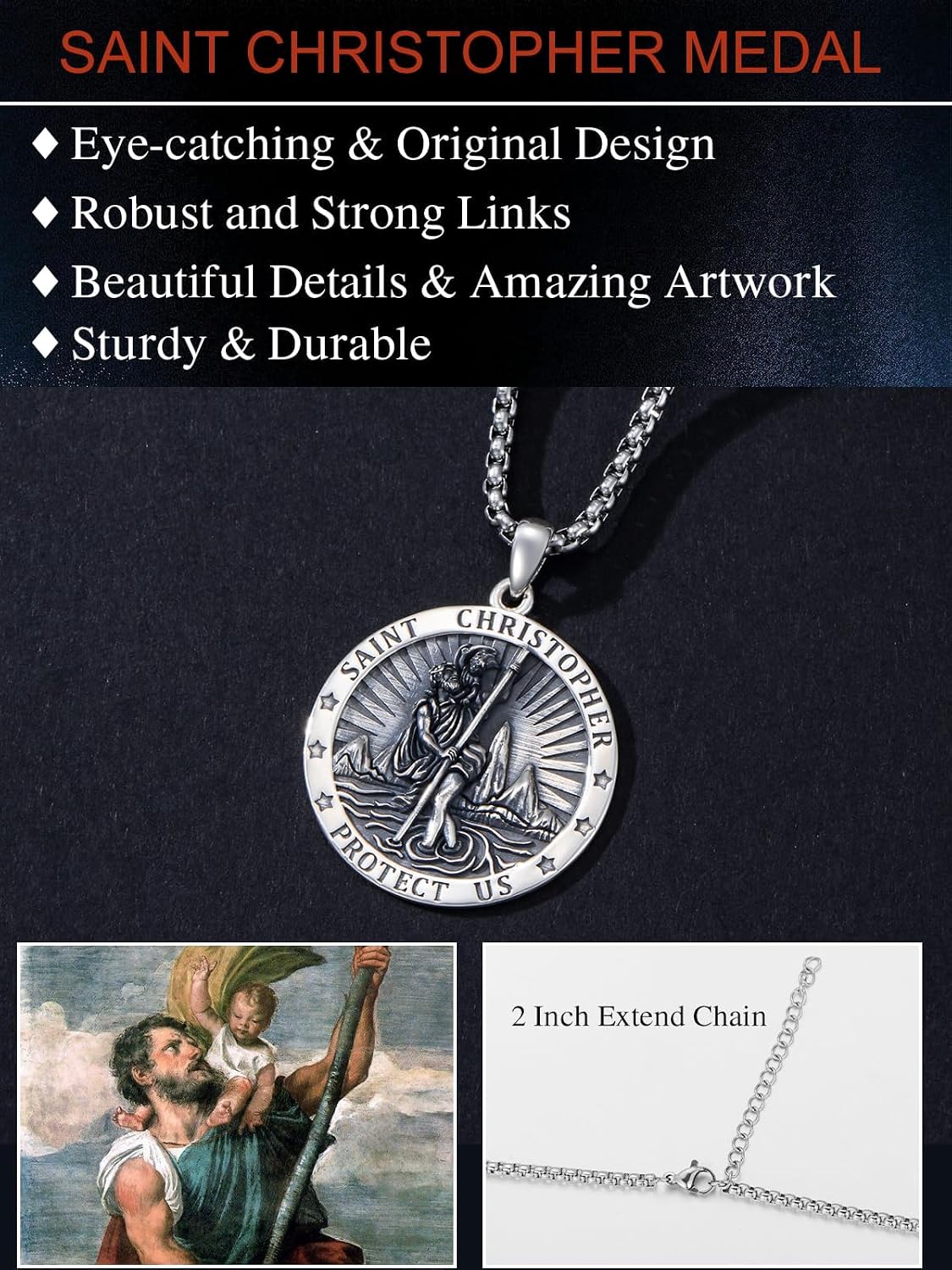 Seiyang Saint Necklace 925 Sterling Silver Patron Amulet Medal Jewelry for Men Women (with Gift Box)