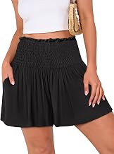 ANRABESS Women Smocked High Waist Shorts, Wide Leg Elastic Drawstring, Flowy Baggy, Trendy Summer Casual Beach & Lounge Wear