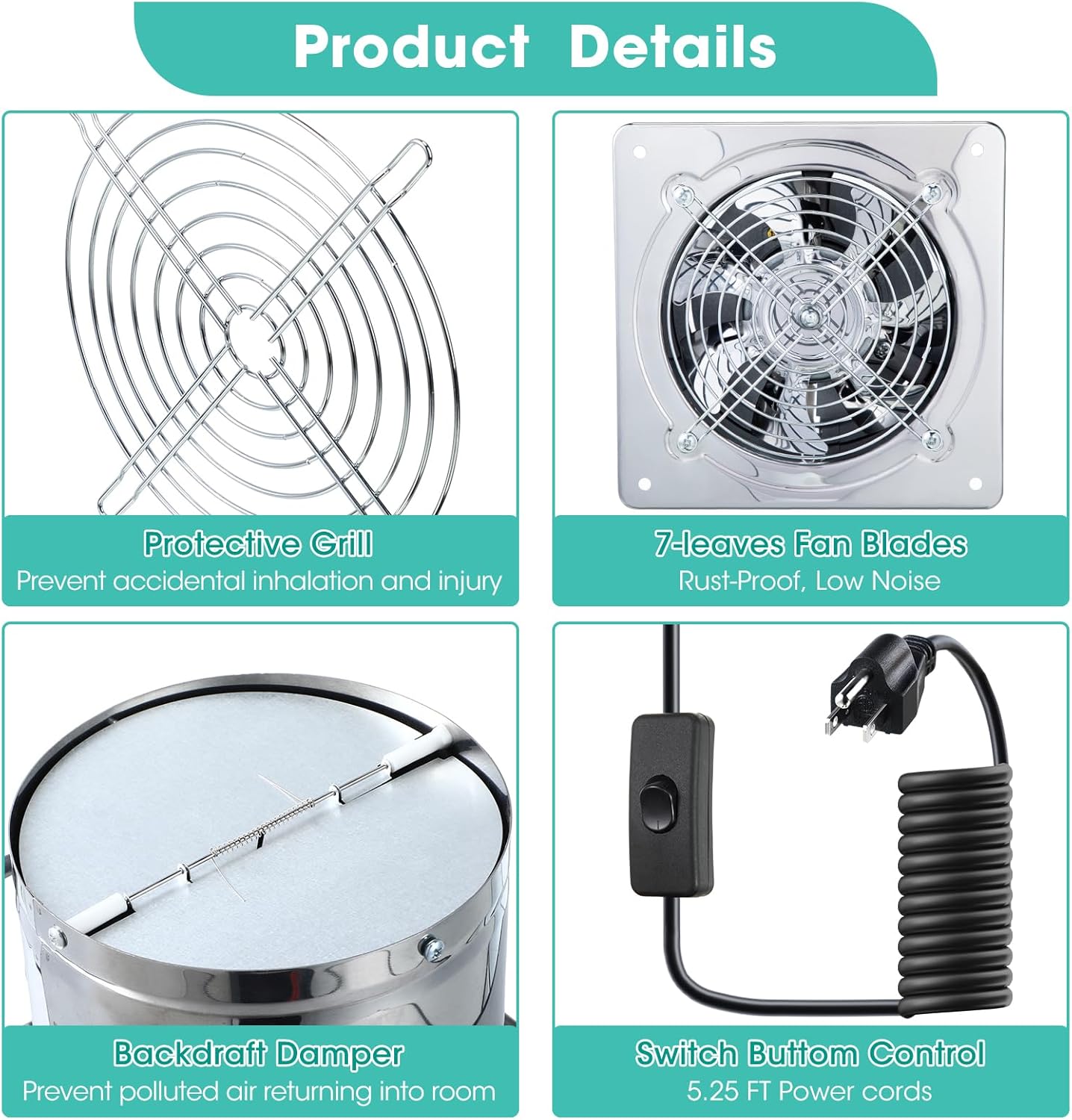 Saillong 2 Pack Silver 6 Inch Kitchen & Bathroom Wall Exhaust Fan - 308CFM Extractor Ventilation Fan with Damper & Low Noise Ceiling Mount for Garage Attic Window Ventilation, 110V