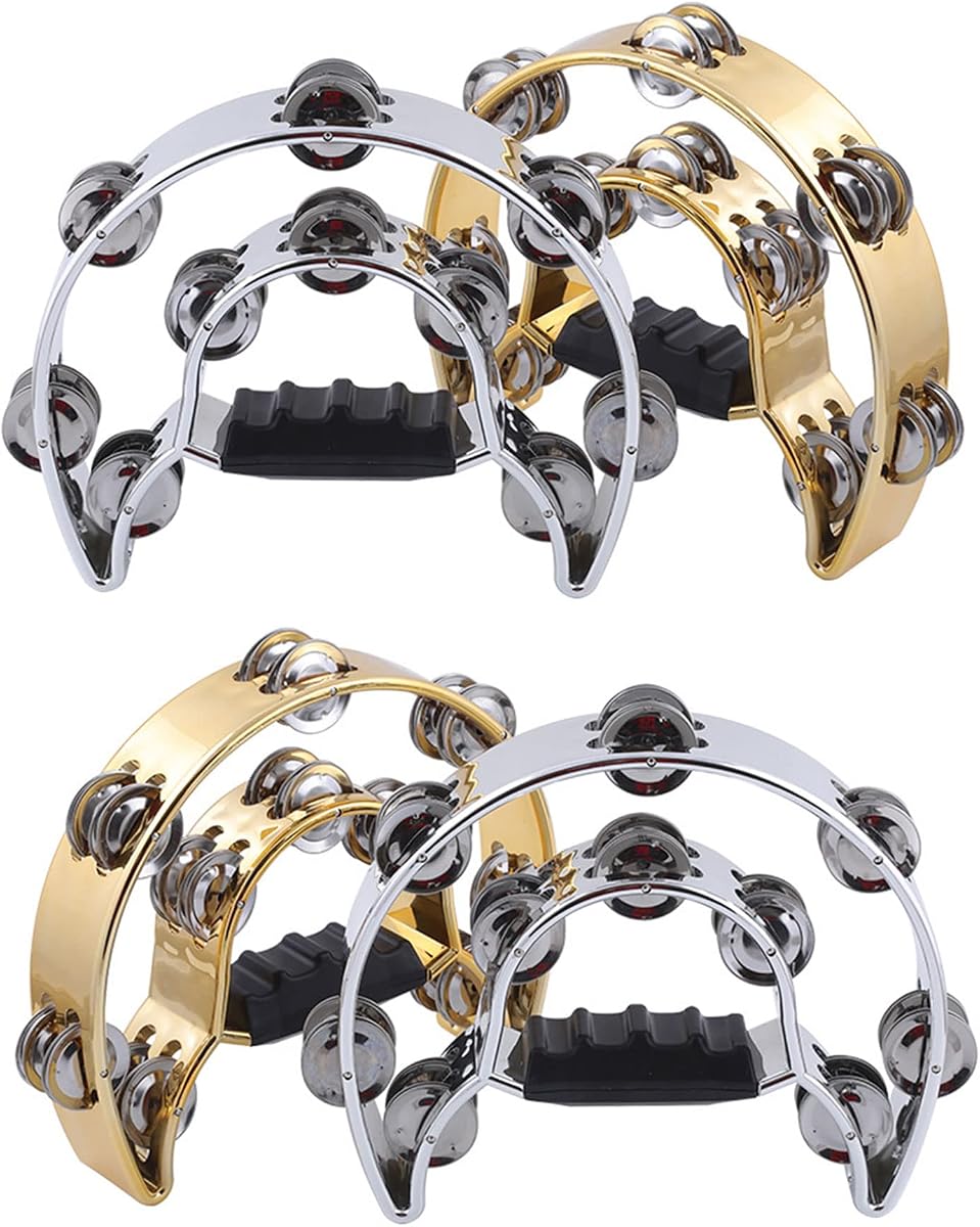 Paquete de 4 panderetas de mano con cascabeles de metal, Panderos para Adultos, Panderos De Danza Cristianos, Panderetas Instrumento musical, Pandereta musical de percusión de media luna para iglesia, fiesta, KTV