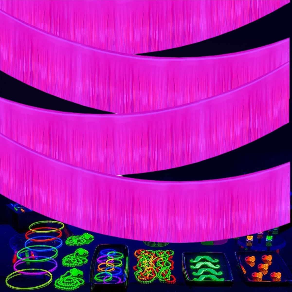4 Packs 10 Feet Foil Fringe Banner Glow in The Dark Party Supplies Neon Party Macaron Fluorescent Fuchsia Streamers Decorations Metallic Tinsel Photo Booth Birthday Decorations Glow Supplies