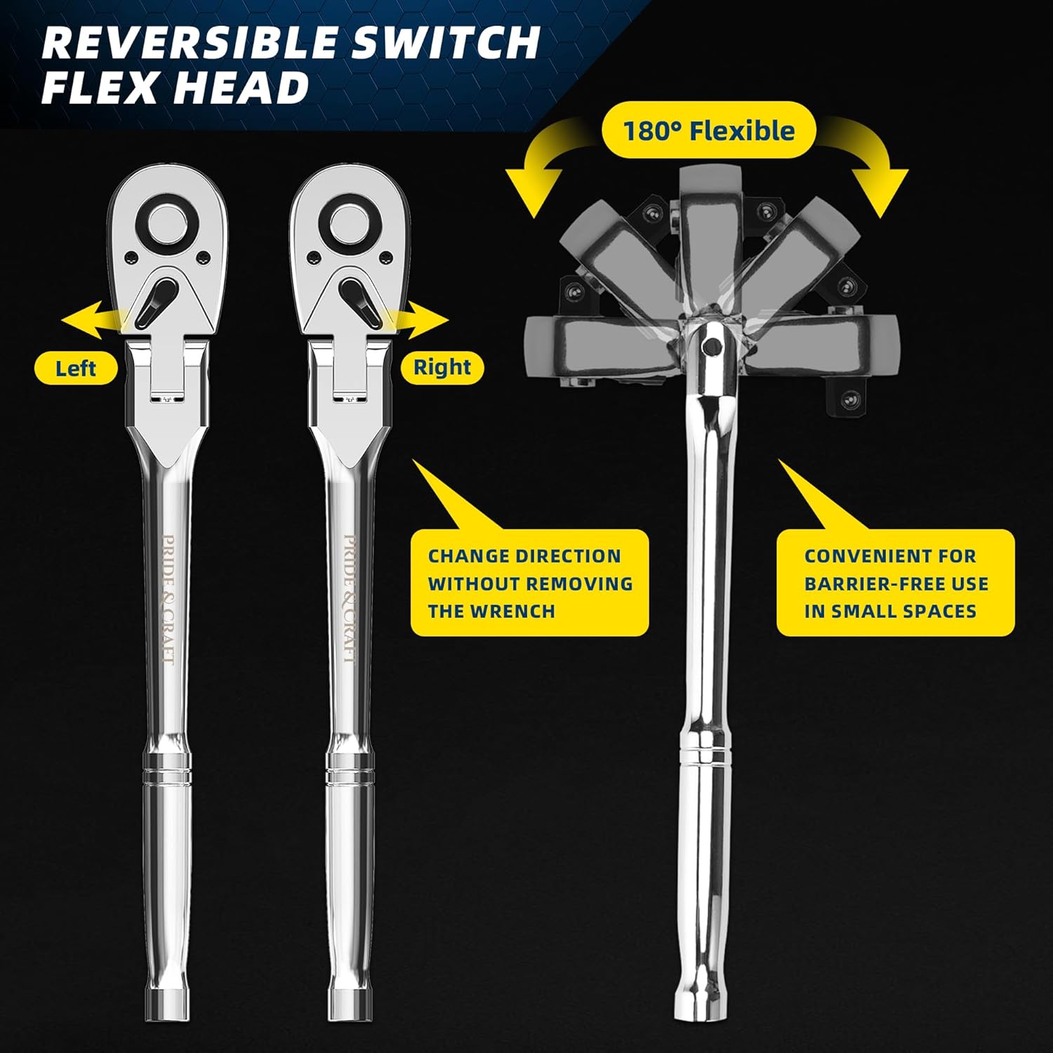 PRIDE&CRAFT 1/2" Drive Flex Head Ratchet 72-Tooth, Socket Wrench Quick Release Reversible Design, Swivel Head Ratchet, Chrome Alloy Made, EVA Organizer