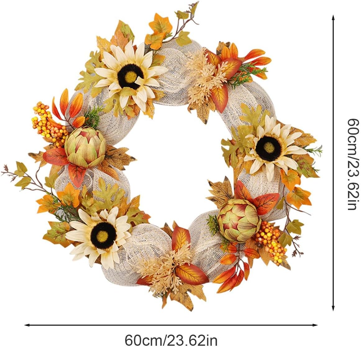 玄関ドア用の秋のリース、造花ひまわりリース - ヒマワリのリース23 インチの秋のひまわりリース,人工感謝祭の装飾、秋のリース、家の