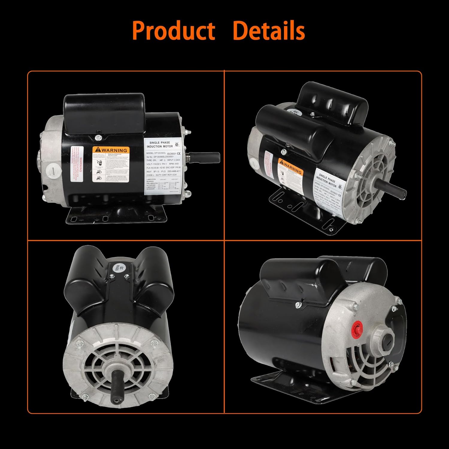 Air Compressor Motor 3HP SPL Motor 56 Frame 3450RPM Single Phase 60HZ 5/8 Shaft 115/230V (Not Standard 3HP Motors)