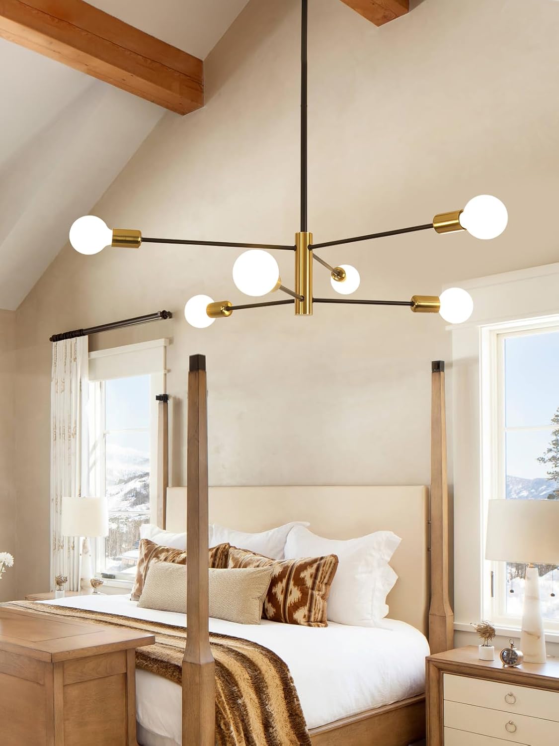 Goeco 28.7 Inch Modern Sputnik Chandelier, 6-Light Height Adjustable Gold and Black Farmhouse Chandelier Over Table for Dining Room, Kitchen Island, Living Room