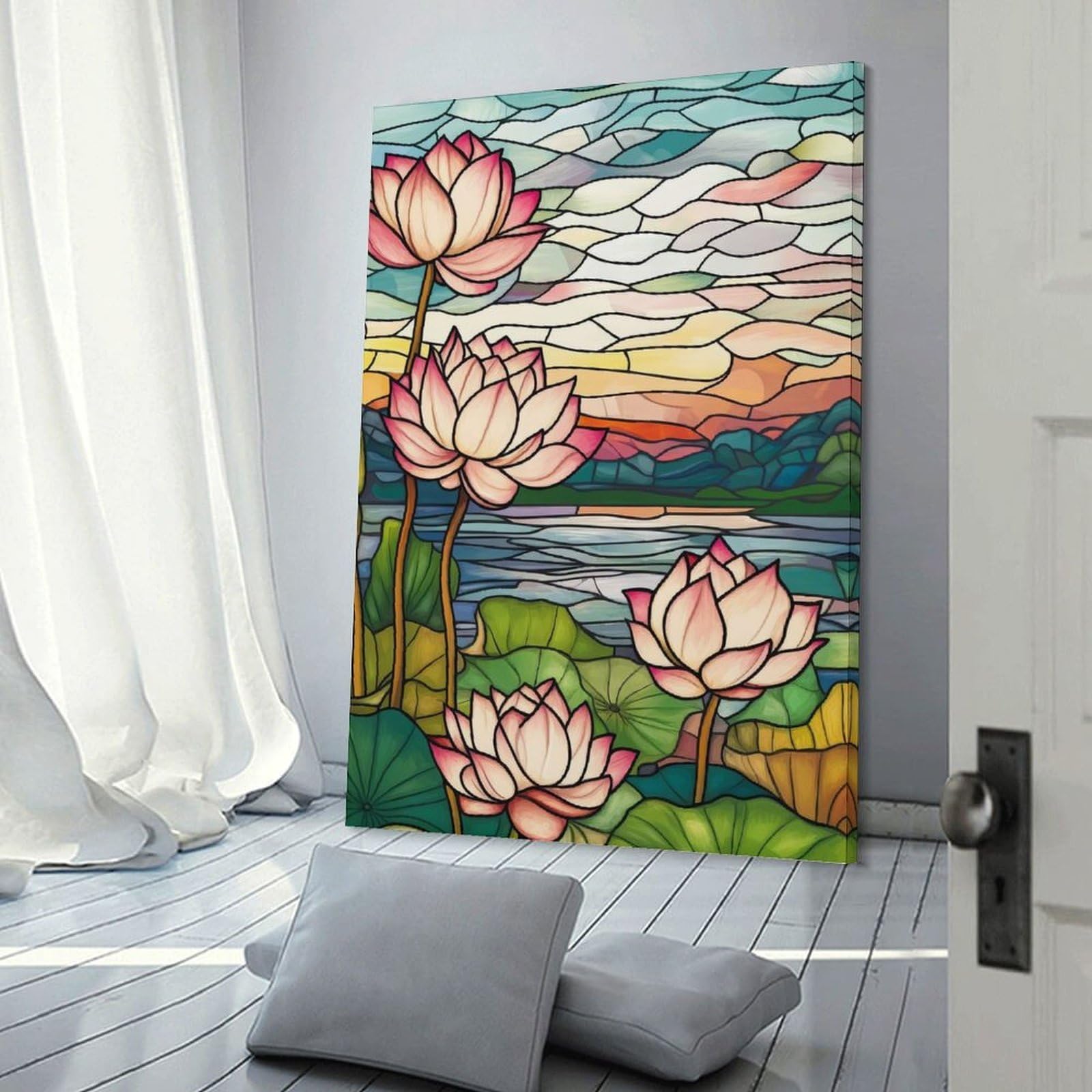 Junmoney Decorative Wall Artwork Lotus Flowers Stained Glass, 20x30inch(50x75cm), for Calm Bedrooms, Home Corners Or Flats, An Easy Wall Refresh for Bedrooms