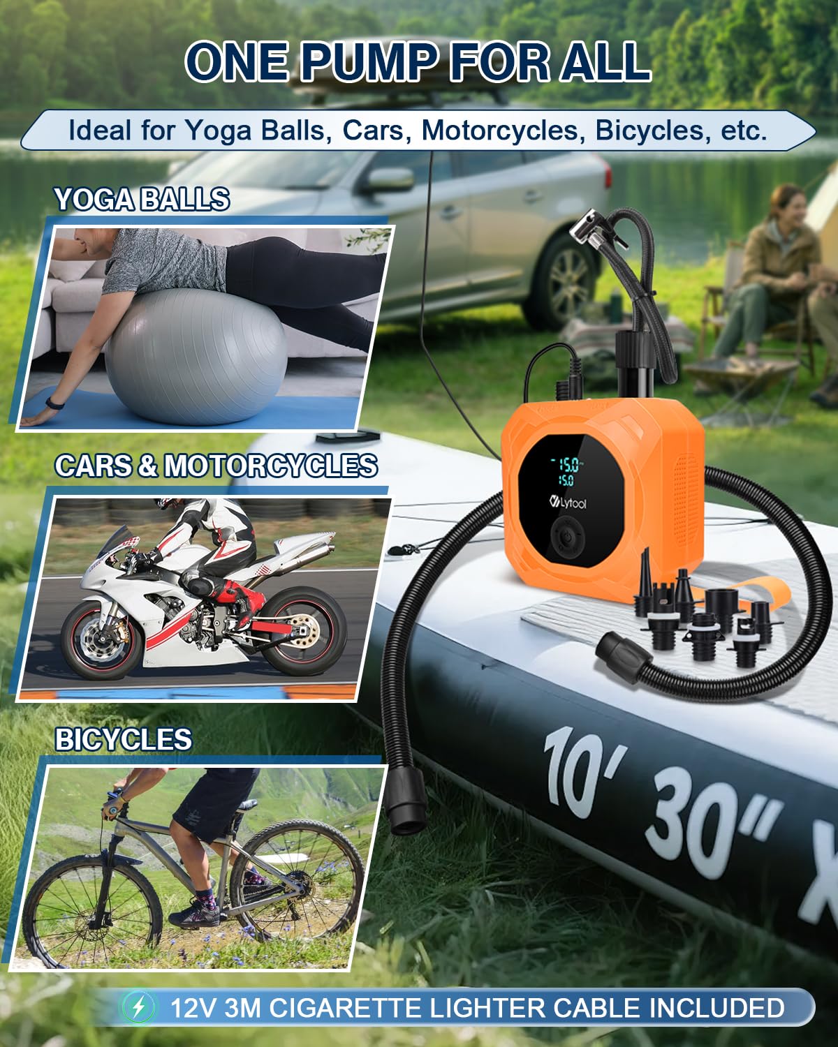 Lytool SUP pompa elektryczna 12 V DC i 7 dysz, przenośna elektryczna pompka do basenu, materaca, wiosła