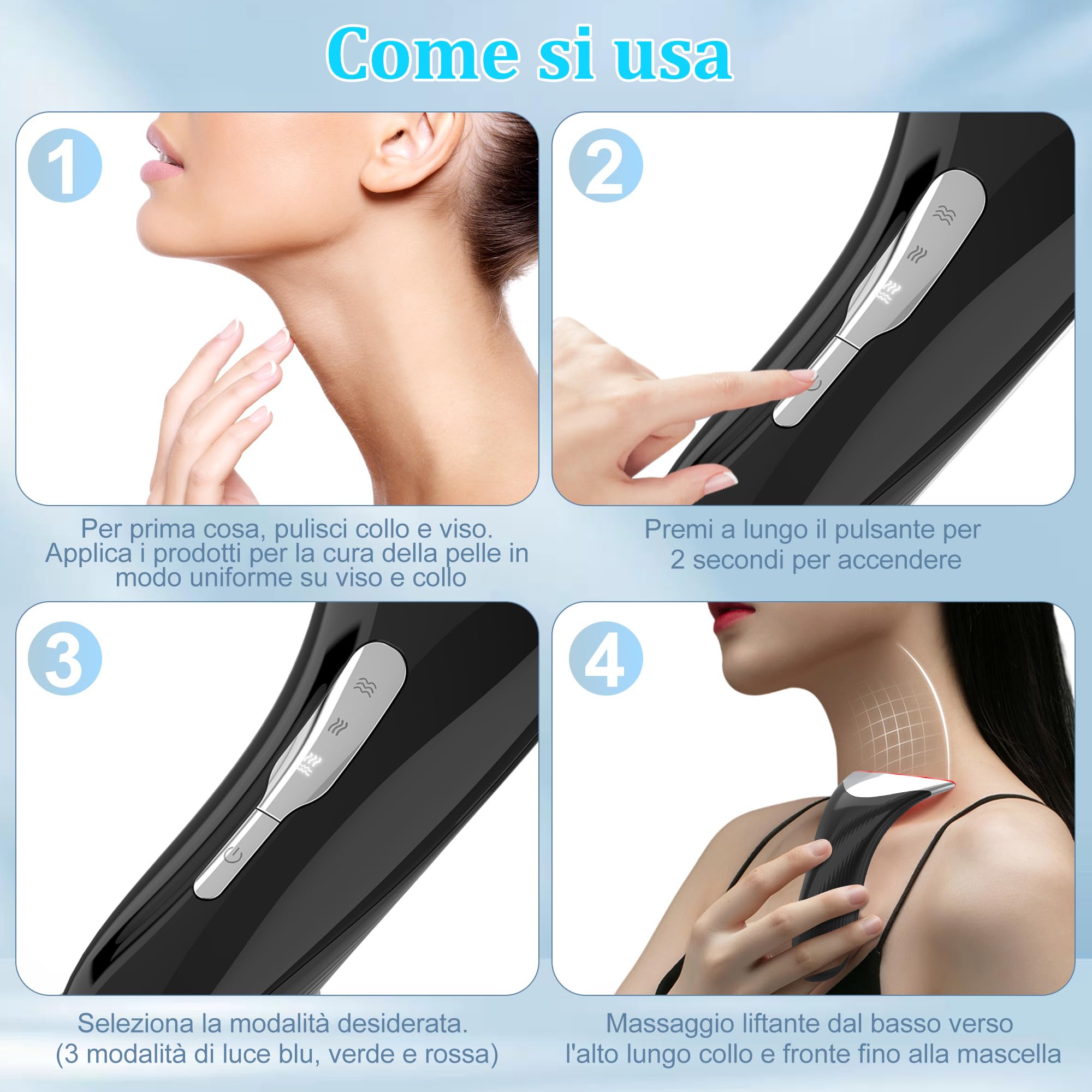 Massaggiatore Viso Antirughe, Dispositivo di Bellezza con 45 ℃ EMS per Lifting e Rassodamento Viso e Collo, Gua Sha Elettrico con 3 Modi LED Terapia Della Luce