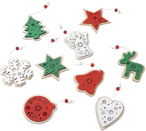 Miniatura 2 de 18 adornos de madera de Navidad, campanas de árbol de Navidad, reno, copo de nieve, corazón, ángel, recortes de madera, colgantes de madera con