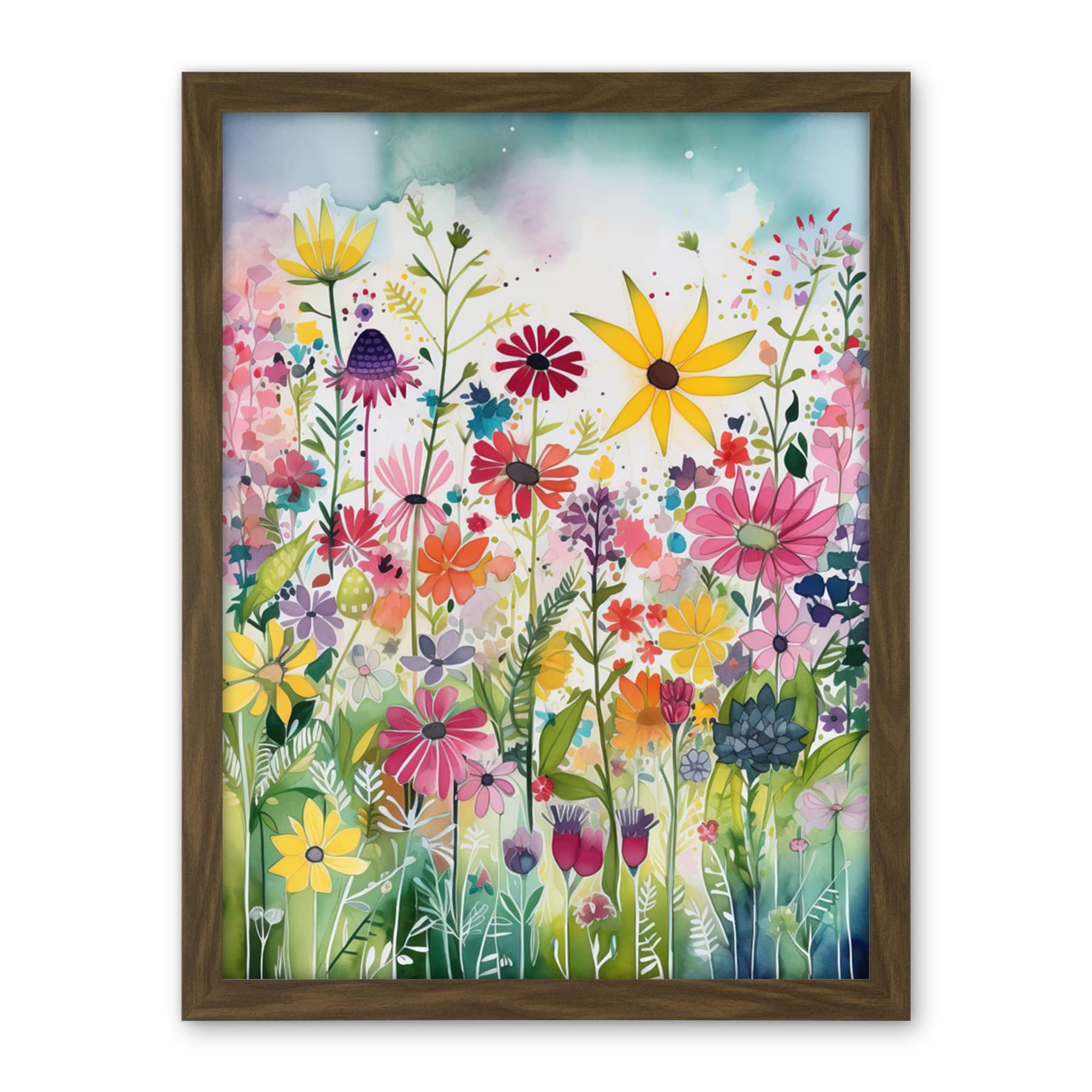 Artery8 Bright Wildflower Floral Blooms Folk Art Artwork Framed Wall Art Print 18X24 Inch