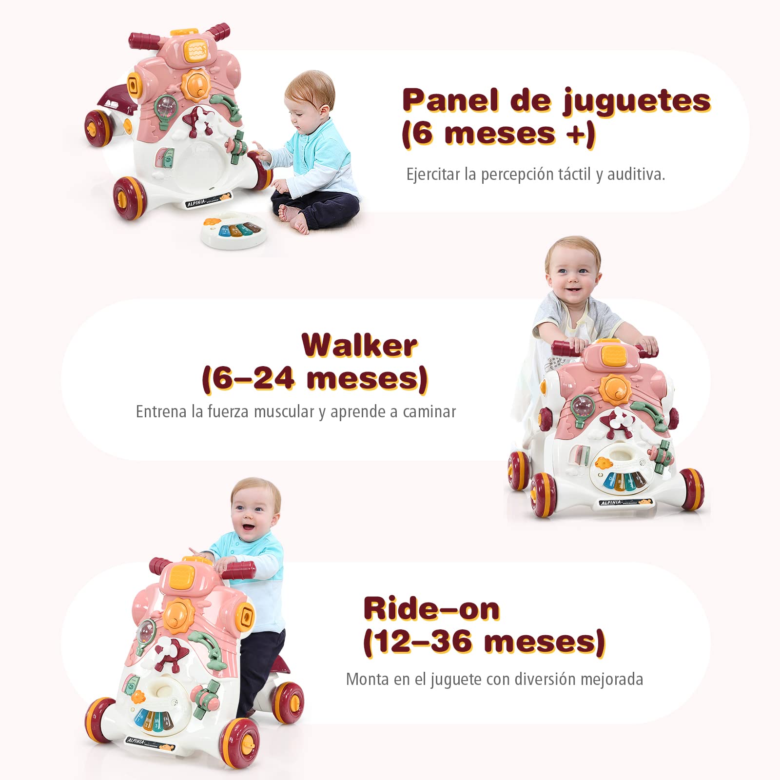 COSTWAY 3 en 1 Andador Bebes, Andador para Bebé con Música,Luces y Ruedas Antideslizantes,Caminador Correpasillo con Tablero de Juguete para Bebé de 6-36 Meses, 56 x 46 x 46 cm (Rosa oscuro)