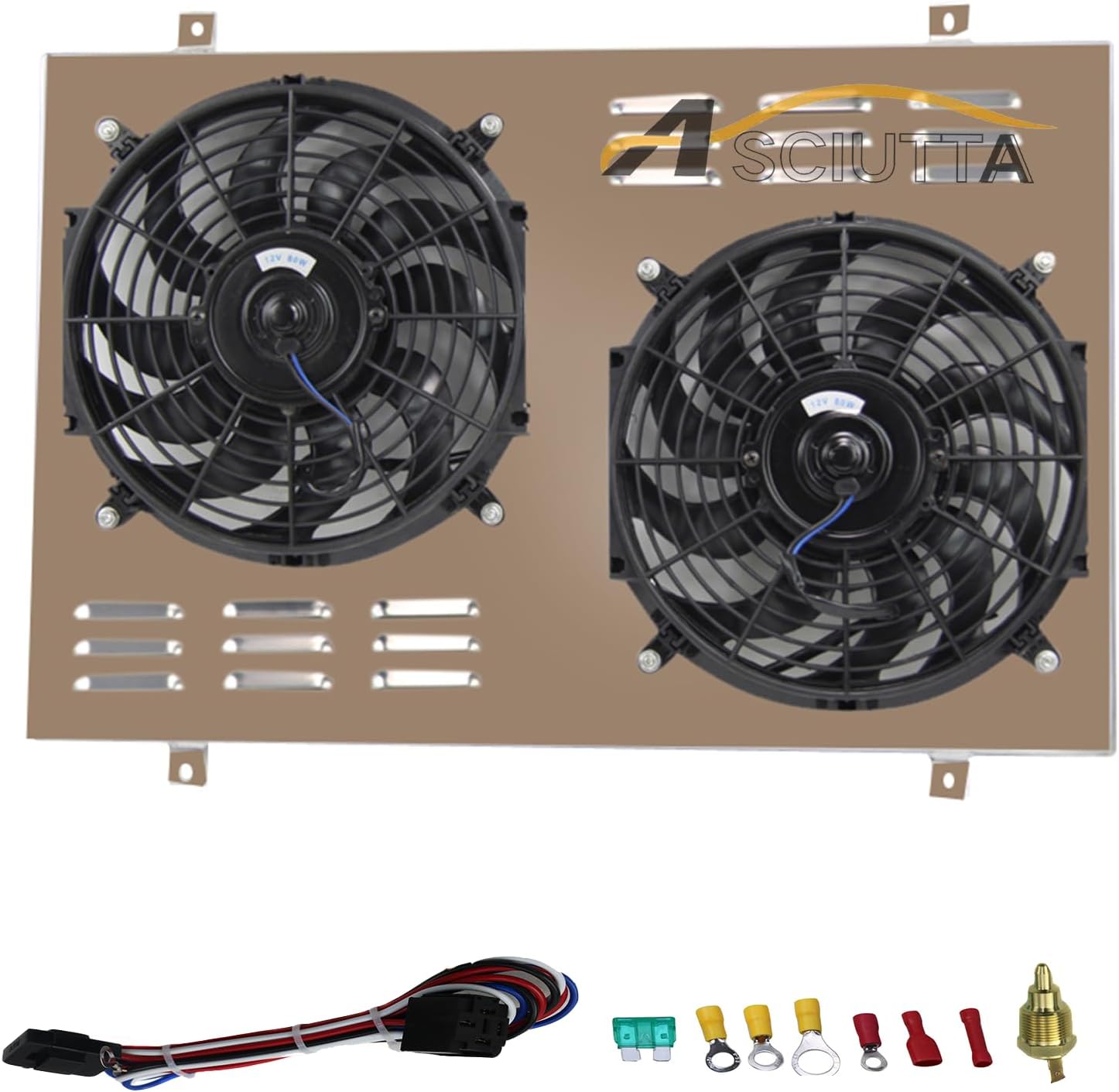 CC1451 Aluminum Radiator Shroud Fan Fit 1985-1997 Ford F150 F100 F250 F350 Bronco V8 with 2 X 12" Fans & Thermostat Relay Kit