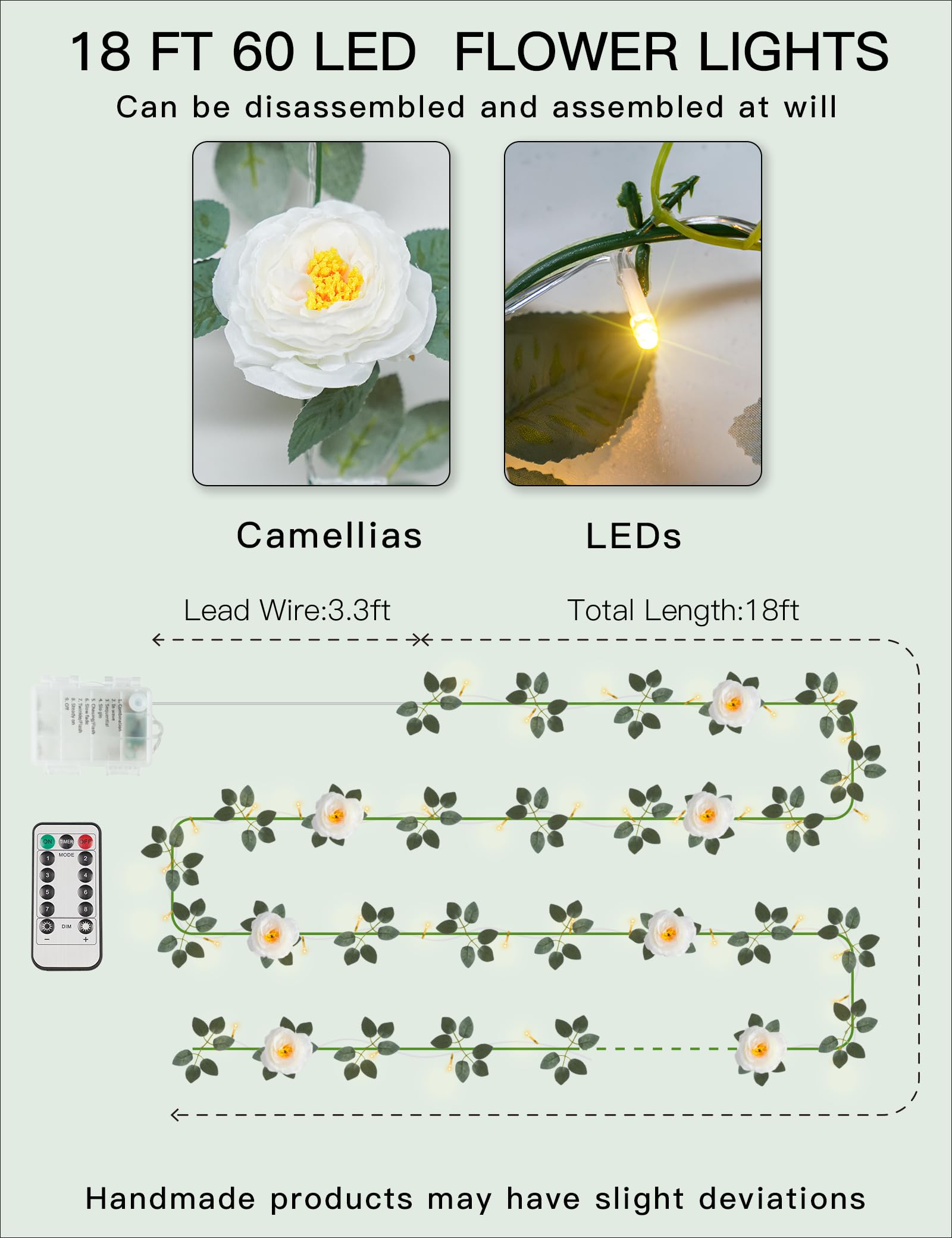 SUDDUS Guirnalda de 60 LED con luces de camelia blanca, funciona con pilas, cable transparente