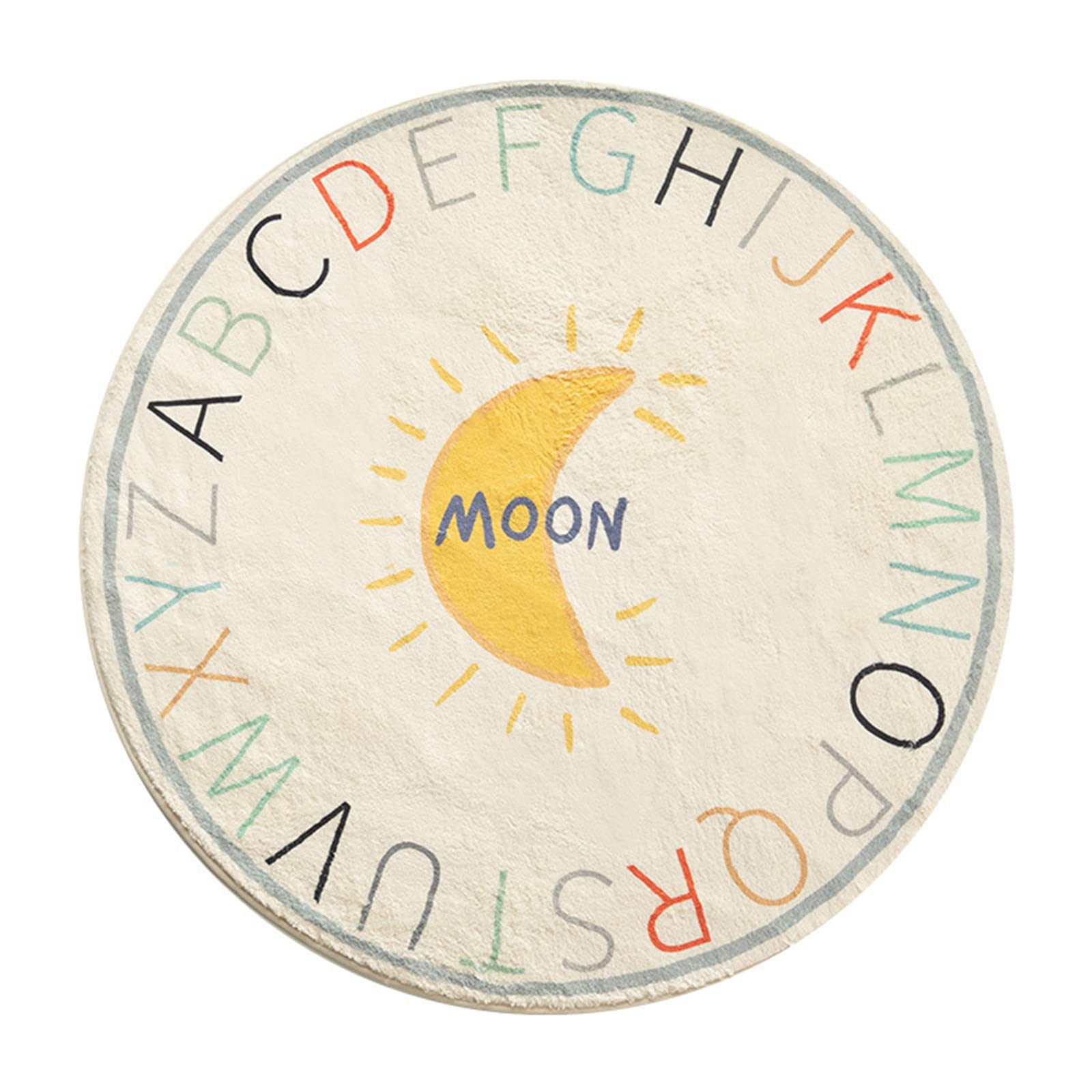 Tapis Rond pour Chambre d’Enfant, Tapis Motif des Enfants Moderne Filles Garçons, Tapis Imitation Cachemire Doux,Alphabet coloré avec Motif de Lune Jaune, ø 170 cm