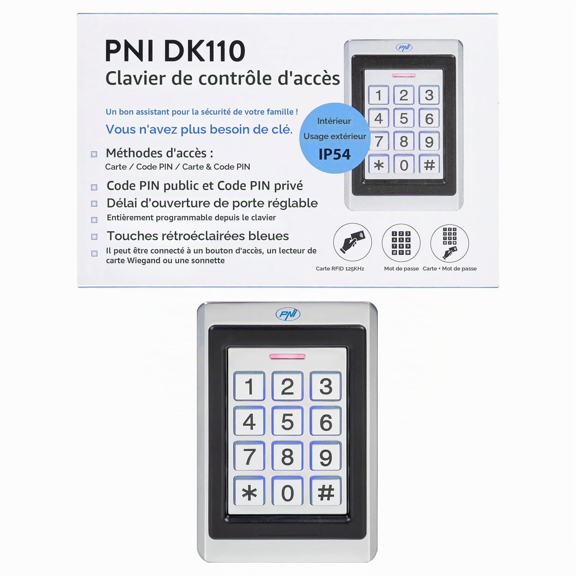 Clavier de contrôle d'accès PNI DK110, autonome, extérieur et intérieur, IP54