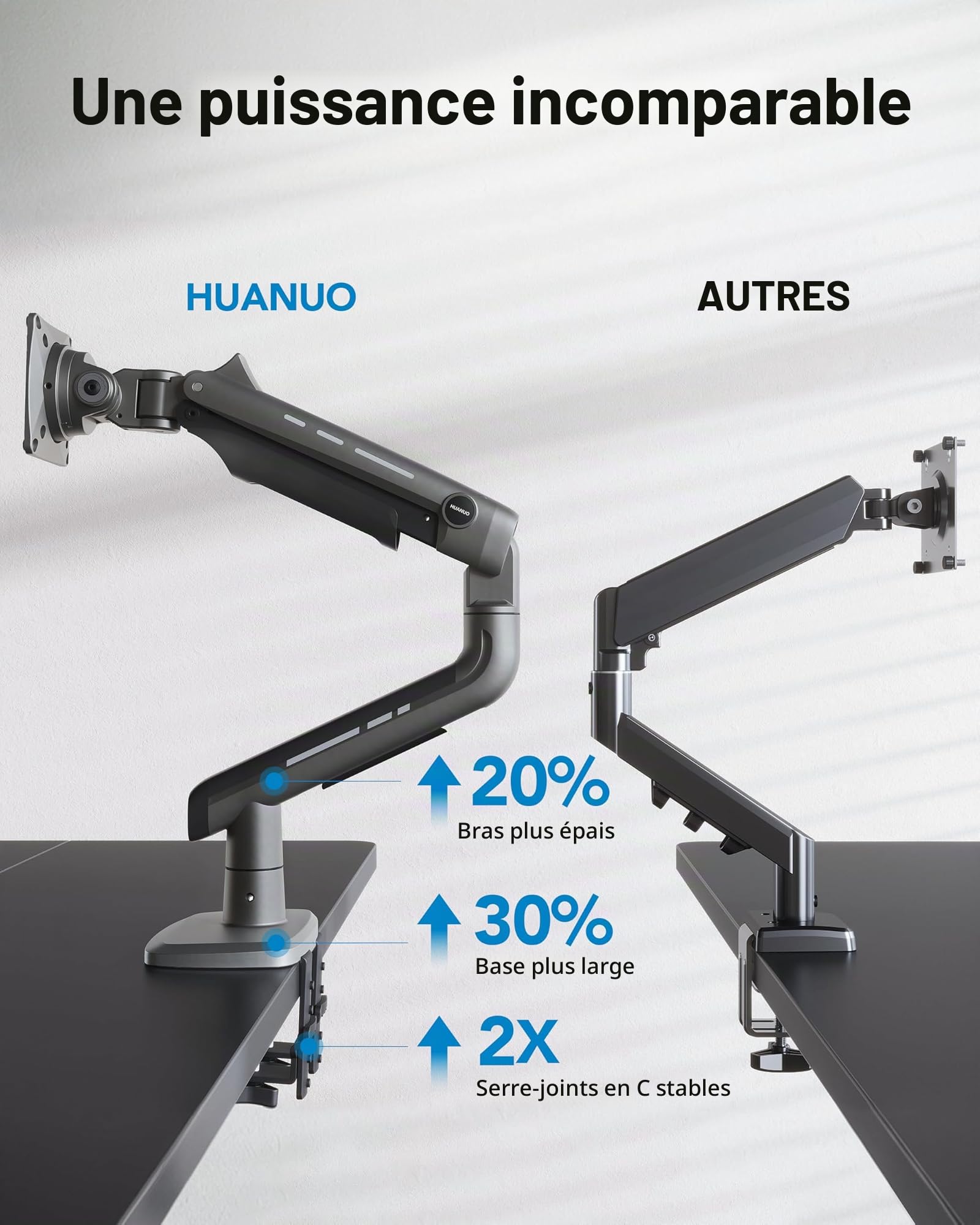 HUANUO Bras articulé Écran Ultralarge à 49 Pouces, Tient 18kg, Support pour Écran Ultralarge du Bureau en Aluminium, Support Écran Unique Ajustable avec Pince en C, Base à œillet, VESA 100x100mm Max