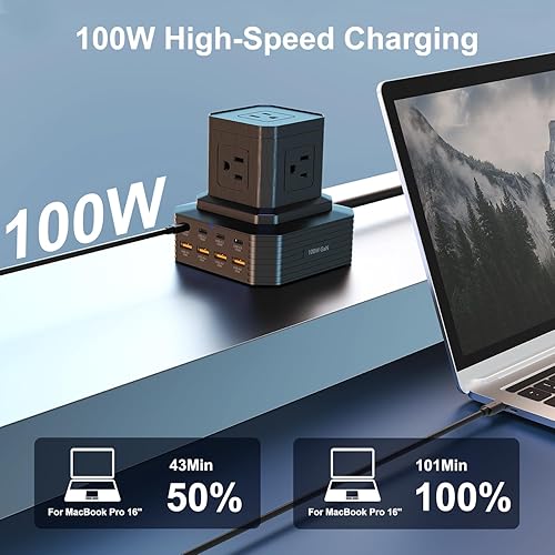 Miniatura 3 de URVNS Torre de regleta de alimentación, protector de sobretensiones con 5 salidas de CA y 8 puertos USB (PD 100 W QC30W), cable de extensión de 6.6