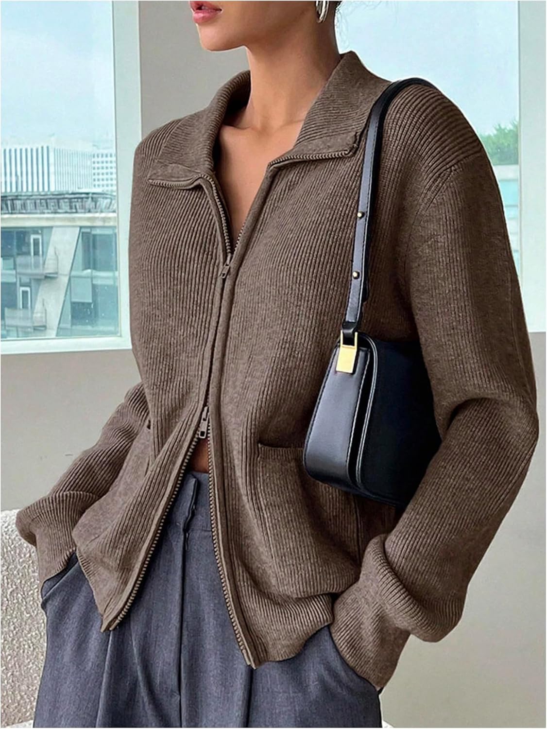 Women's Cardigan Sweaters Zip Up Long Sleeve Collared Y2k Sweater Jacket with Pockets - Image 5