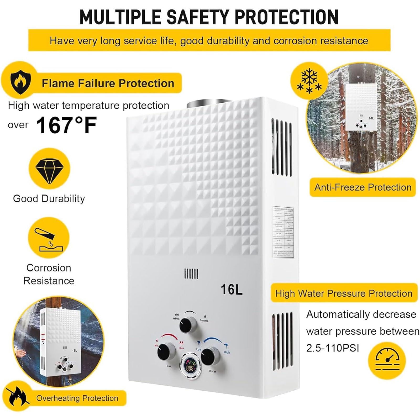 Scaldabagno a Gas 16L, All'aperto Portatile Scaldabagno Istantaneo a Propano Con Display Digitale Multi-Protezione Parete senza Serbatoio Scaldacqua Istantaneo Automatico(Bianco)