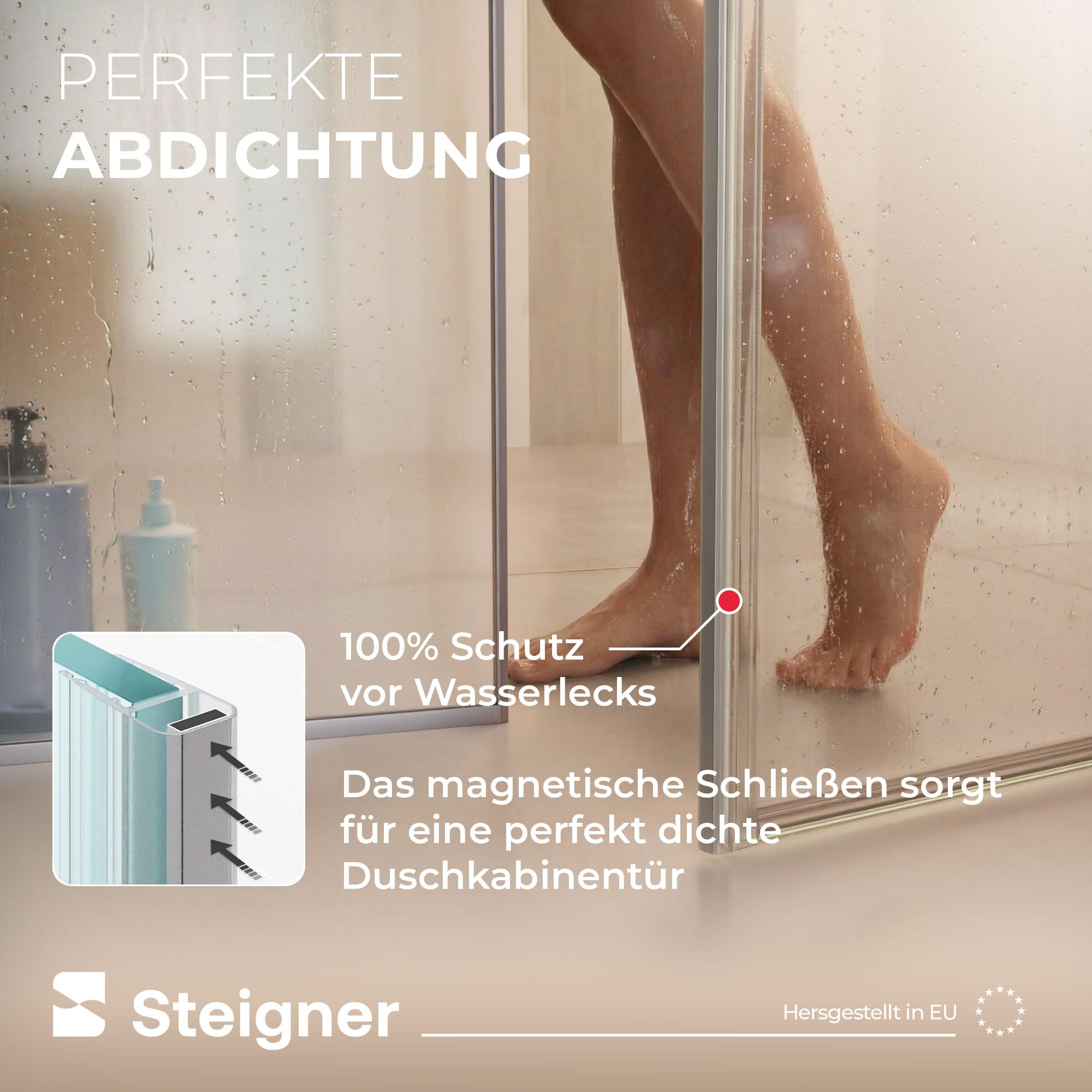 STEIGNER Magnetduschdichtungen UKM02 187 cm (2 Stk.) - Set 180°-Duschdichtungen für Eck-, Fünfeck-, Rund-, Nischen- oder Viertelkreisdusche mit Duschtür 6-8 mm - Perfekte Passform, Ästhetisches Finish