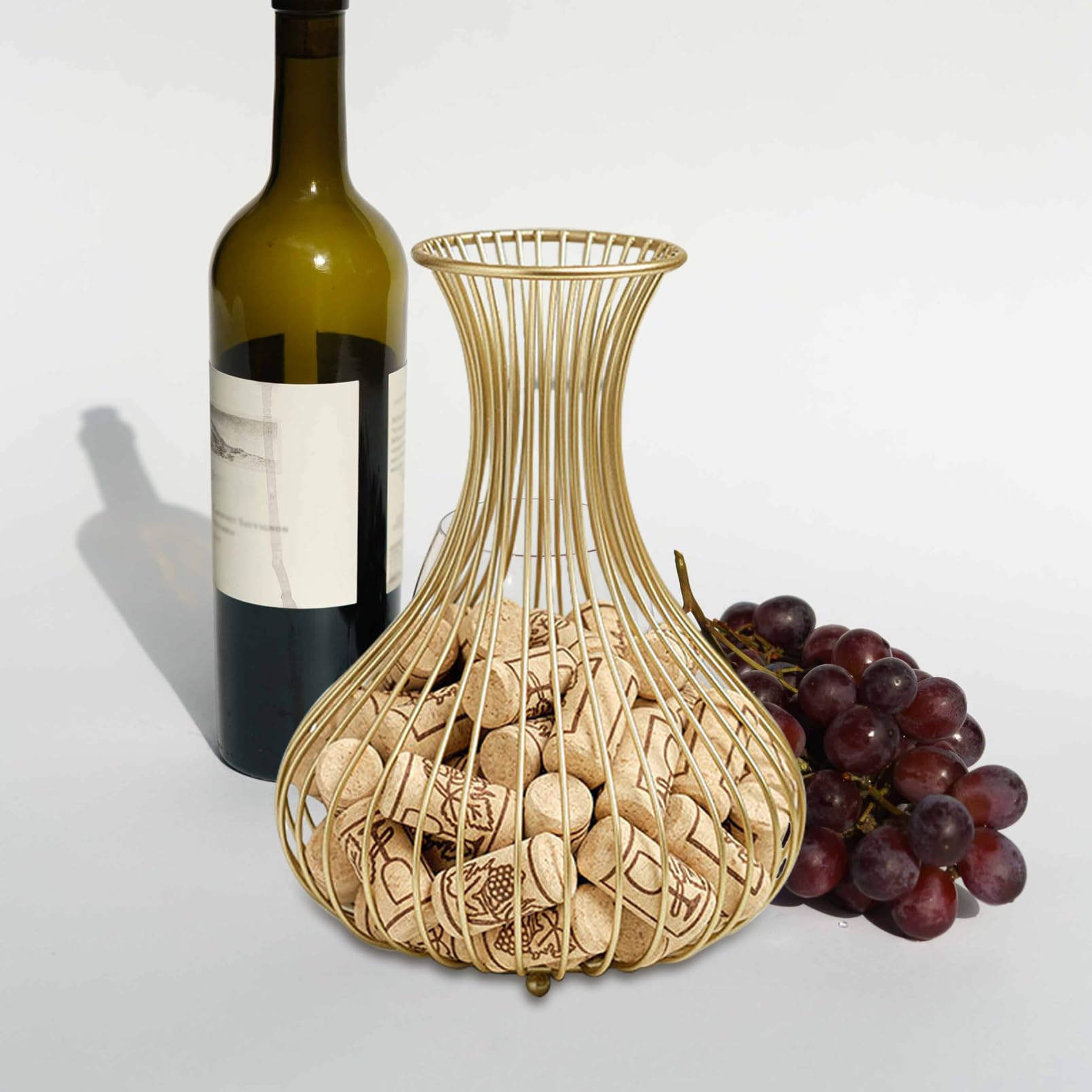 SOLUSTRE Cesto Porta Tappi di Sughero per Vino in Metallo Dorato, Contenitore Portaoggetti Cavo per Bottiglie, Decorazione Funzionale per Bar e Cucina