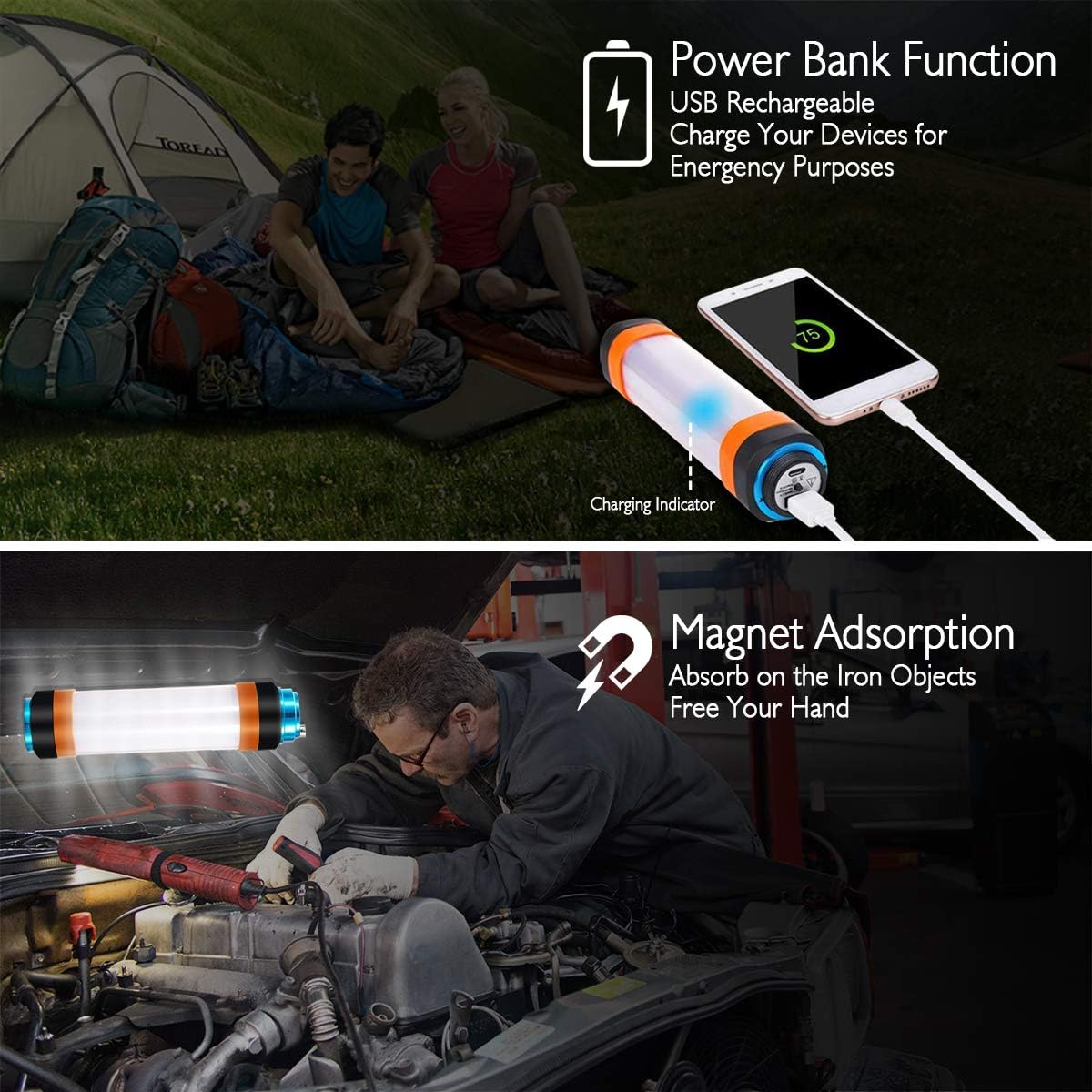 Waterproof Camping Lantern, Portable Magnetic LED Tent Light, Cylinder Lamp Bar Multi-Function Flashlight/Power Bank/SOS Emergency for Fishing Hiking Hurricane Outage(16CM)