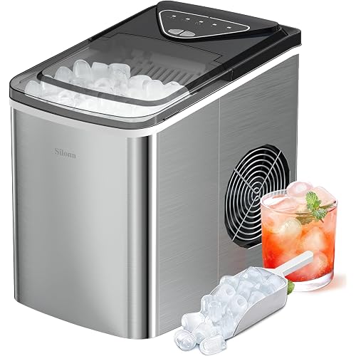 Silonn Countertop Ice Maker, 9 Ice Cubes in 6 Mins, 26 Lbs in 24 Hrs, Compact Ice Machine with Ice Basket & Scoop, 2 Ice Sizes Self-Cleaning Ice Maker for Home/Party/Office, Stainless Steel