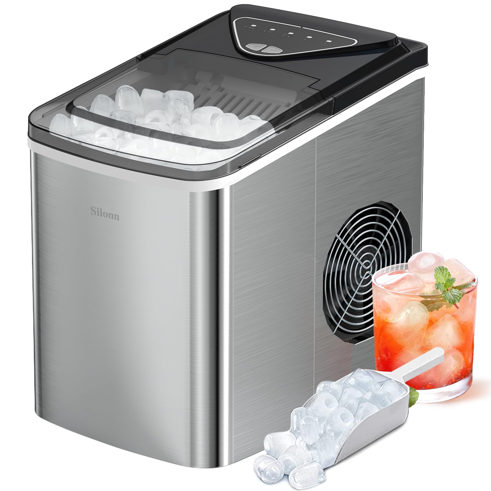 Photo 1 of ***DOES NOT WORK*** Silonn Countertop Ice Maker, 9 Ice Cubes in 6 Mins, 26 Lbs in 24 Hrs, Compact Ice Machine with Ice Basket & Scoop, 2 Ice Sizes Self-Cleaning Ice Maker for Home/Party/Office, Stainless Steel