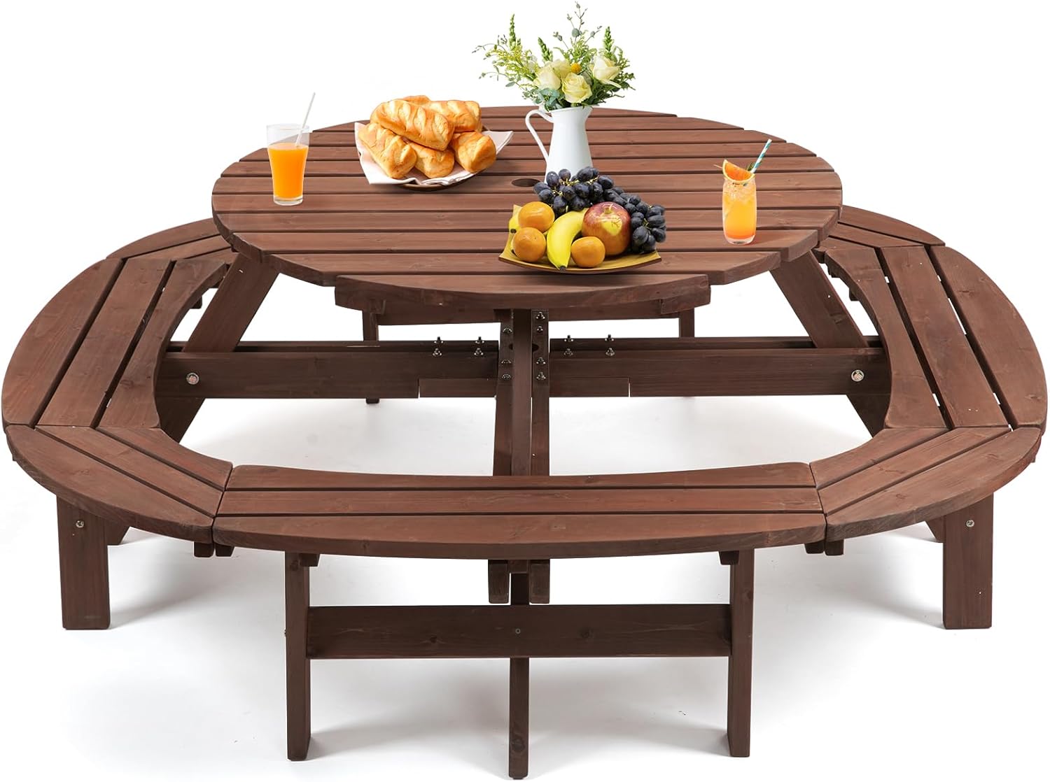 Wood Picnic Table for 10-12 People, Round Top with Umbrella Hole, 4 Built-in Curved Benches, 2220LBS Capacity for Patios & Backyards, Brown