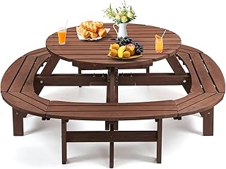 Wood Picnic Table for 10-12 People, Round Top with Umbrella Hole, 4 Built-in Curved Benches, 2220LBS Capacity for Patios & Backyards, Brown