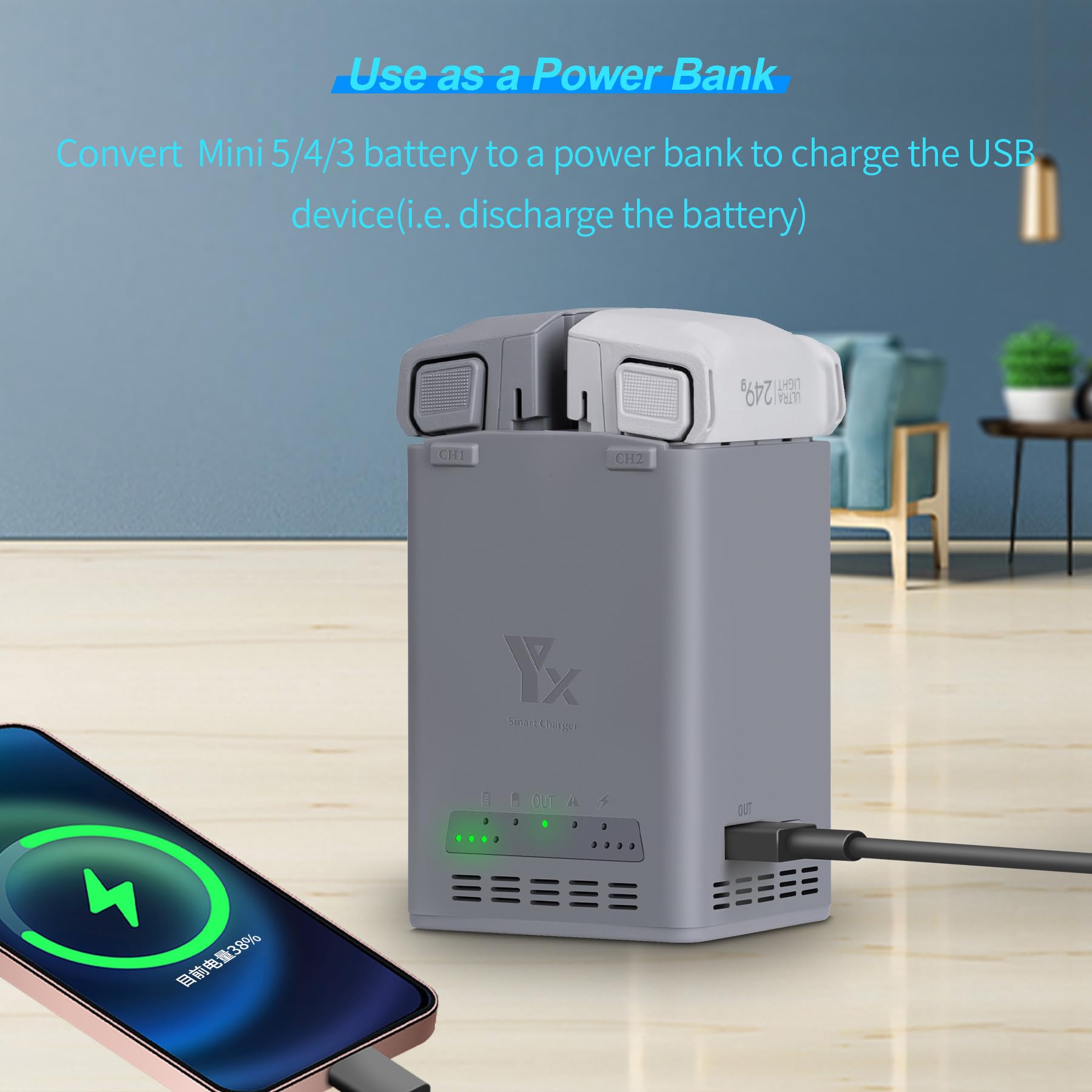 Dwukierunkowy hub ładowania akumulatora do DJI Mini 5 Pro/4 Pro/3 Pro/3, ładowarka 100 W ładowanie do 2 baterii jednocześnie, zasilacz USB-C, kompaktowy i przenośny, powerbank