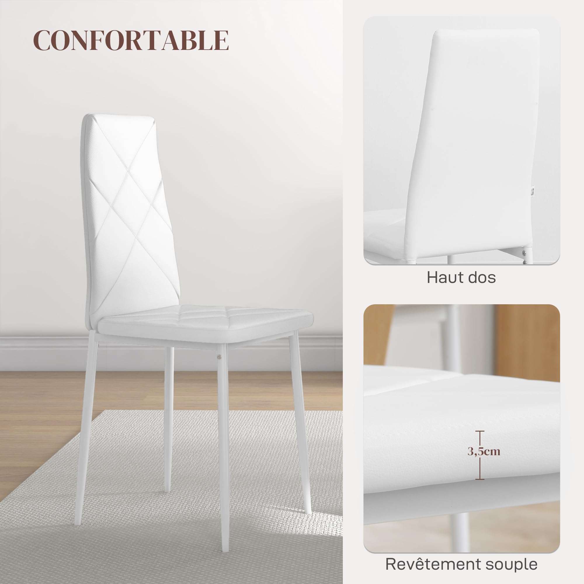 HOMCOM Lot de 2 Chaises Salle à Manger Moderne Dossier Haut, Blanc | Chaises de Cuisine, Style Maison de Campagne, Cadre en Bois de Pin, pour Salon, Chambre, Cuisine