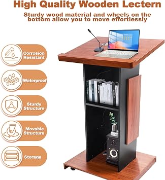 Customized 47’’ Wood Podium with Wheels, Wooden Lectern Stand with15MM Particle Board, Elegant Design with Storage, Pulpits Mic Stand Space, Wooden Pulpit for Churches, Office, School