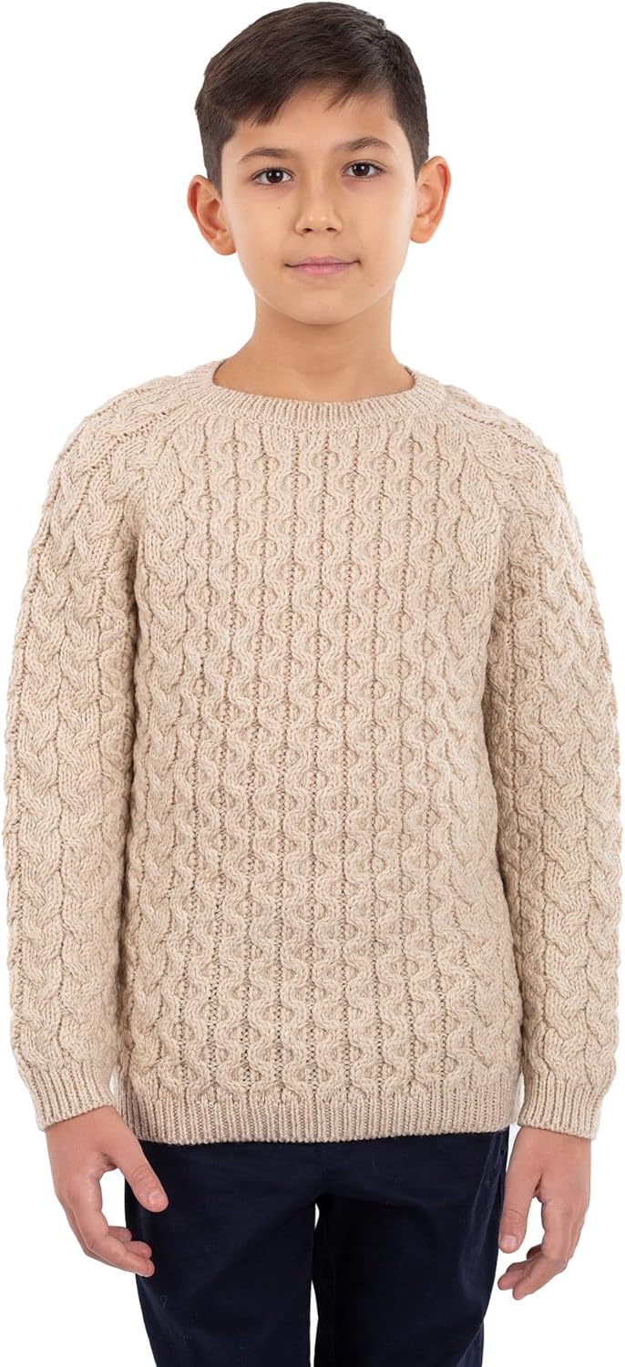 SAOL Classic Aran Cable Sweater for Kids: Crew Neck, 100% Merino Wool Celtci Knit Made in Ireland