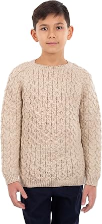 SAOL Classic Aran Cable Sweater for Kids Crew Neck, 100% Merino Wool Celtci Knit Made in Ireland