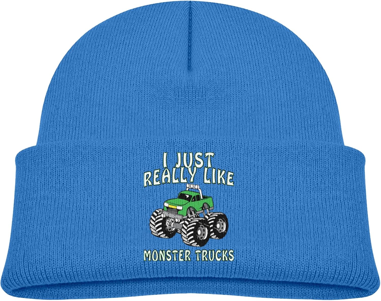 DARLEKS I Just Really Like Monster Trucks Kids Hat Knitted Beanie Skull Warm Winter Unisex for Baby Cuffed Beanie Cap Blue
