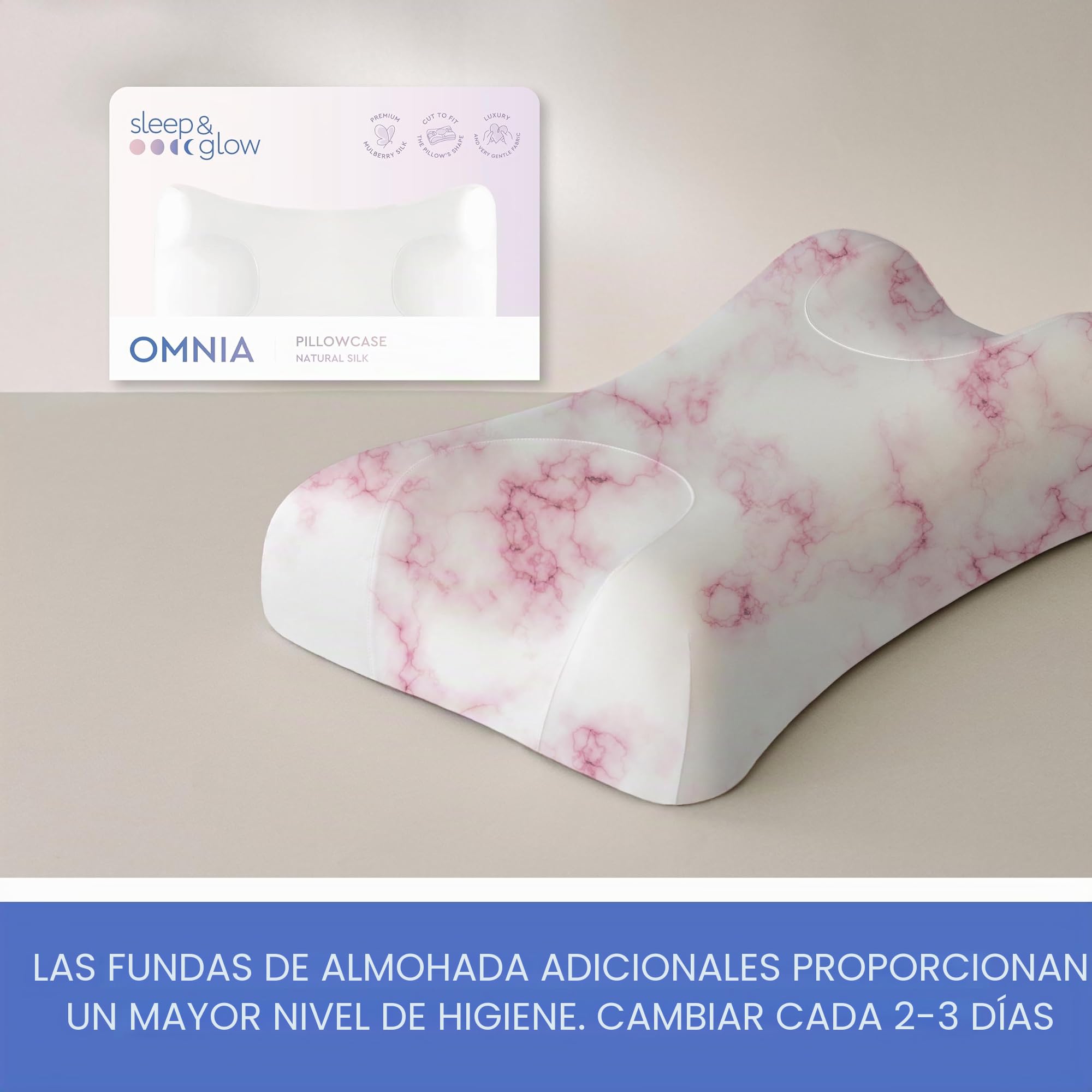 Sleep&Glow Omnia - Funda de Almohada de Seda Natural Antiarrugas para el Cuidado del Cabello y la Piel, 19 mm, Morera de Grado 6A, Mármol Rosa