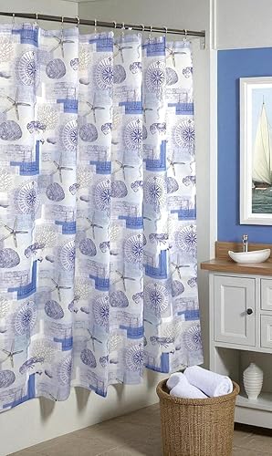 Miniatura 2 de Cortina de ducha de tela Ocean Life para baño escamas de peces en azul marino neutro y verdes sobre blanco (océano)