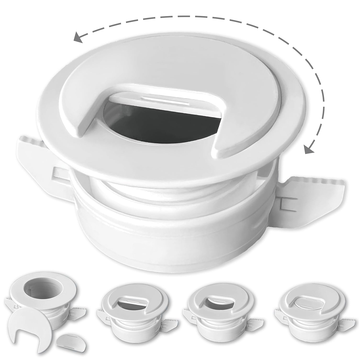 2PK White Patented: Only Cable, Wire, Cord Management Tool-Free Self-Securing/Locking Grommet and with Cap Slider, for Walls, Ceilings, Desks - Used for All Surfaces 3/8" to 1" Thick. Made in USA