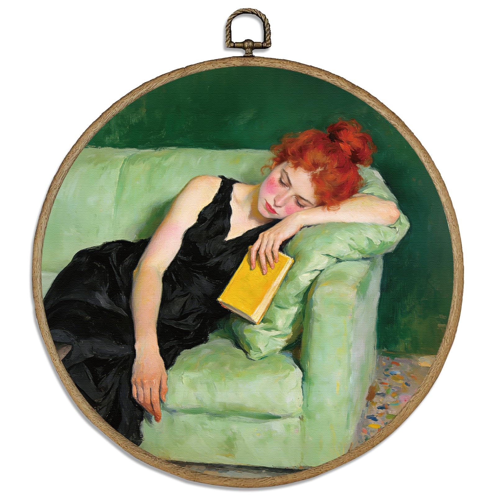 DELORIGIN Sleeping Victorian Woman Wall Art Decor 10" Round Framed Canvas Wall Art Prints with Metal Hooks Home Artwork Hanging Framed Pictures for Hallway Stairs Bedroom Living Room Vintage Decor
