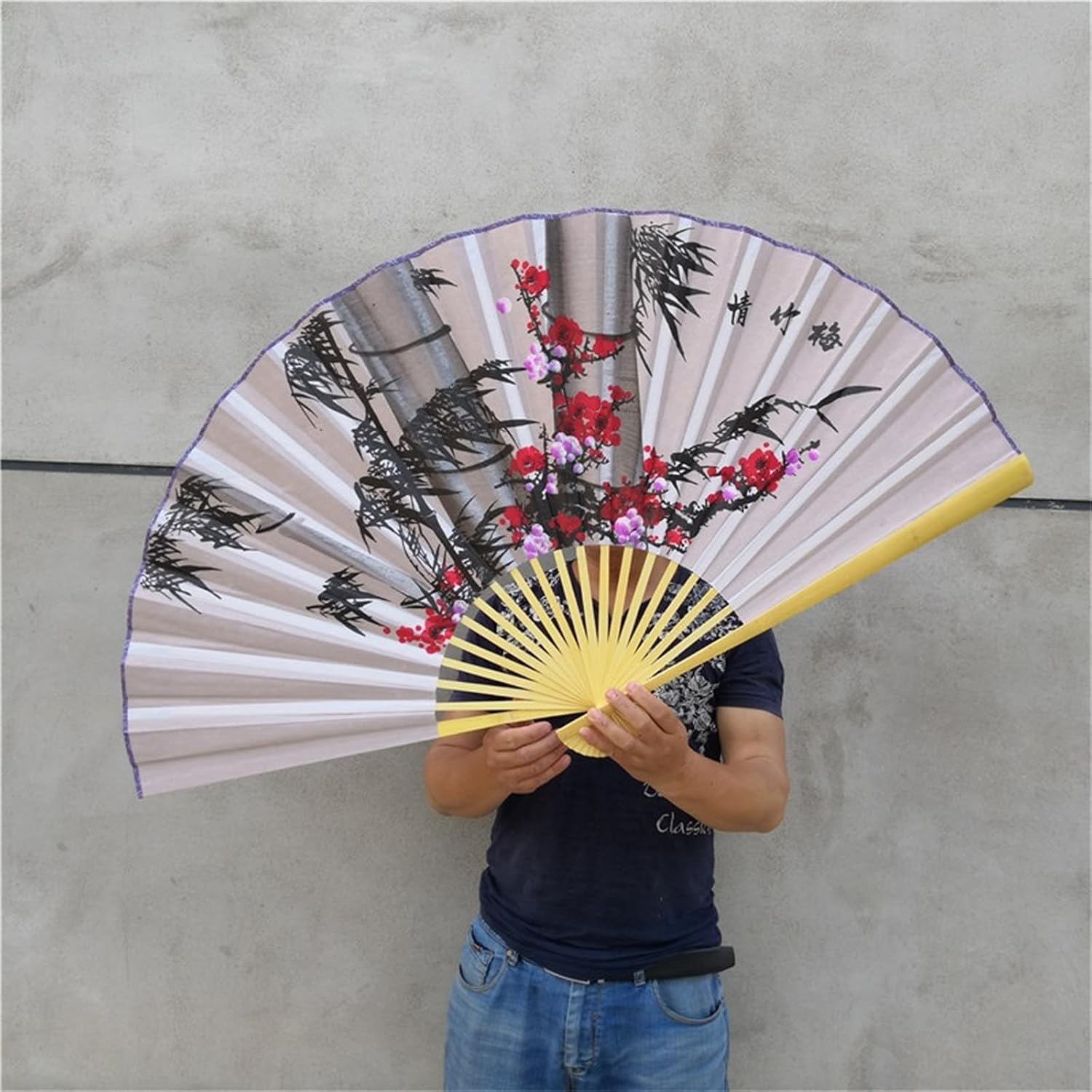 45" Oversized Chinese Japanese Silk Wall Fan with Frame, Handcrafted Oriental Decor, Decorative Hanging Fan for Living Room, Bedroom, Cultural Gift & Home Art