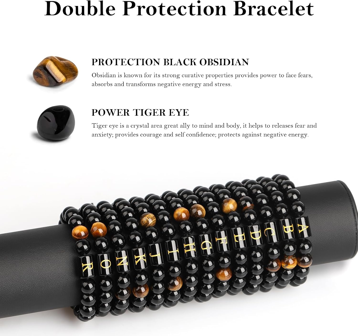Bracelets for Men Initials Letter Link Handmade Natural Black Onyx Tiger Eye Stone Beads Braided Rope Meaningful Bracelet