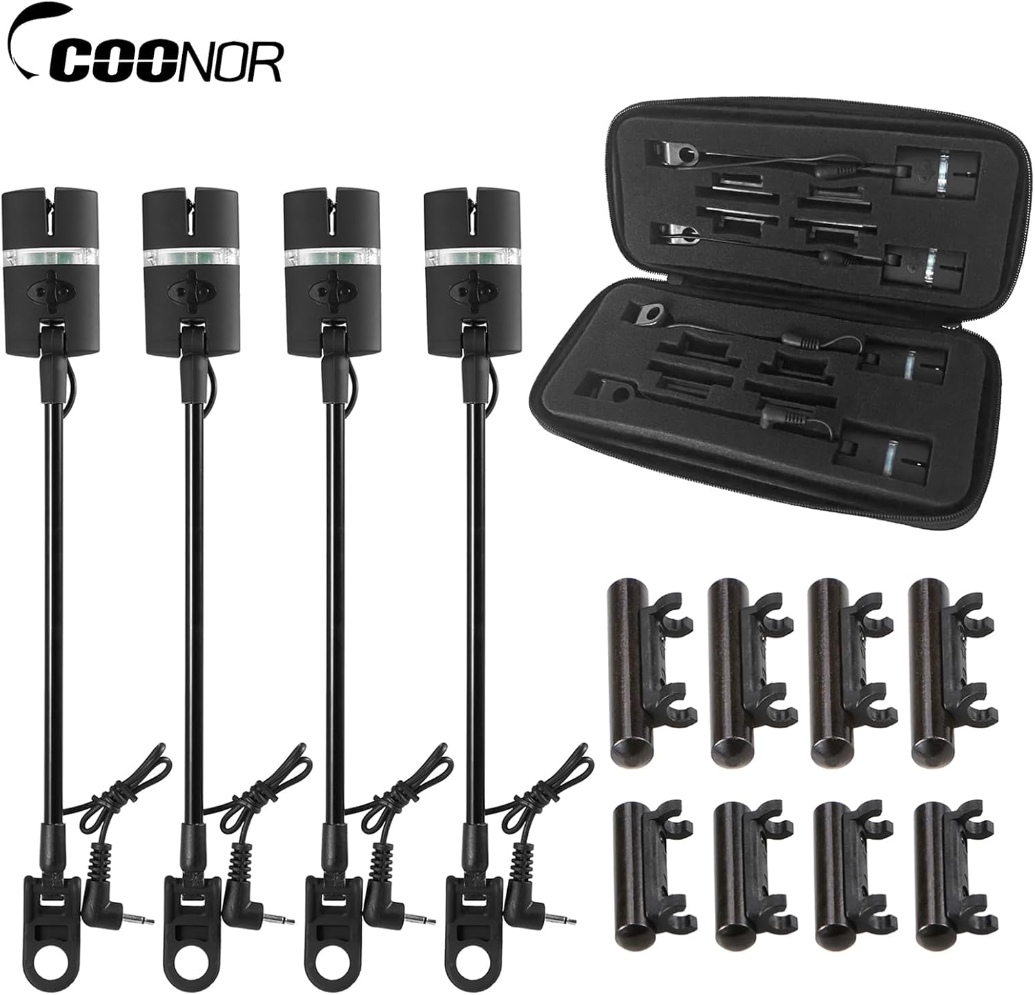 COONOR Fishing Swinger New Set JY SW 17T, 4 Pcs Swingers 8 Counter Weights in Storage Box, 2.5mm Plug for All Bite Alarms, 7 Changeable Indicator Light Colors