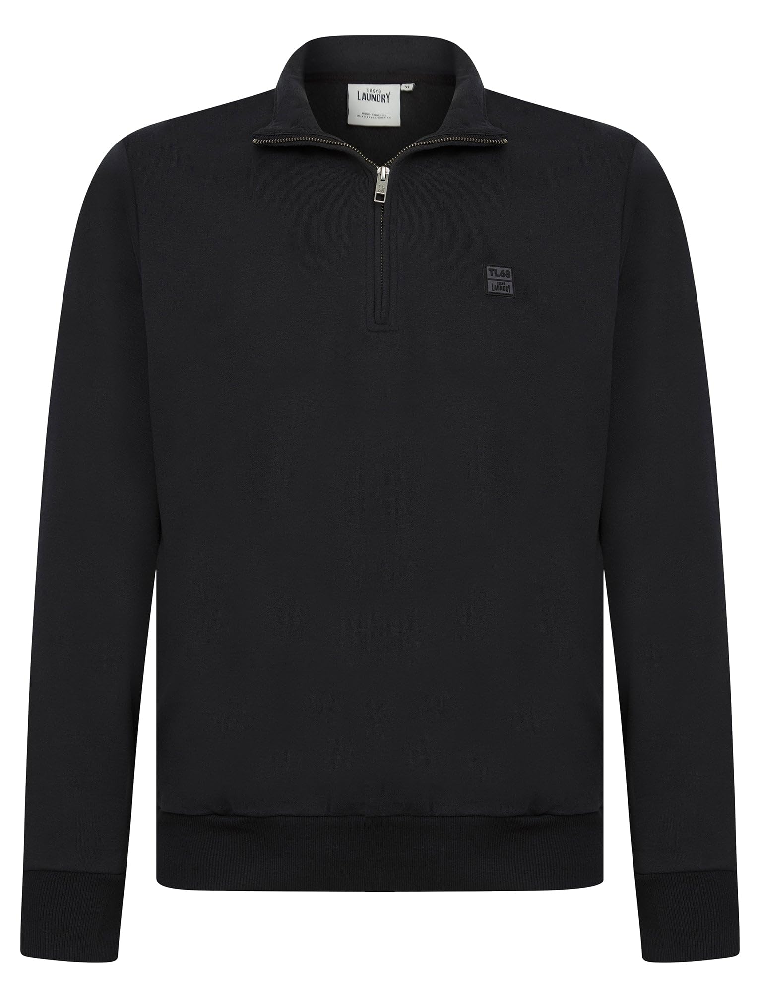 Tokyo Laundry Men's Jet Black Cotton Blend Quarter Zip Funnel Neck Brushback Fleece Pullover Sweatshirt