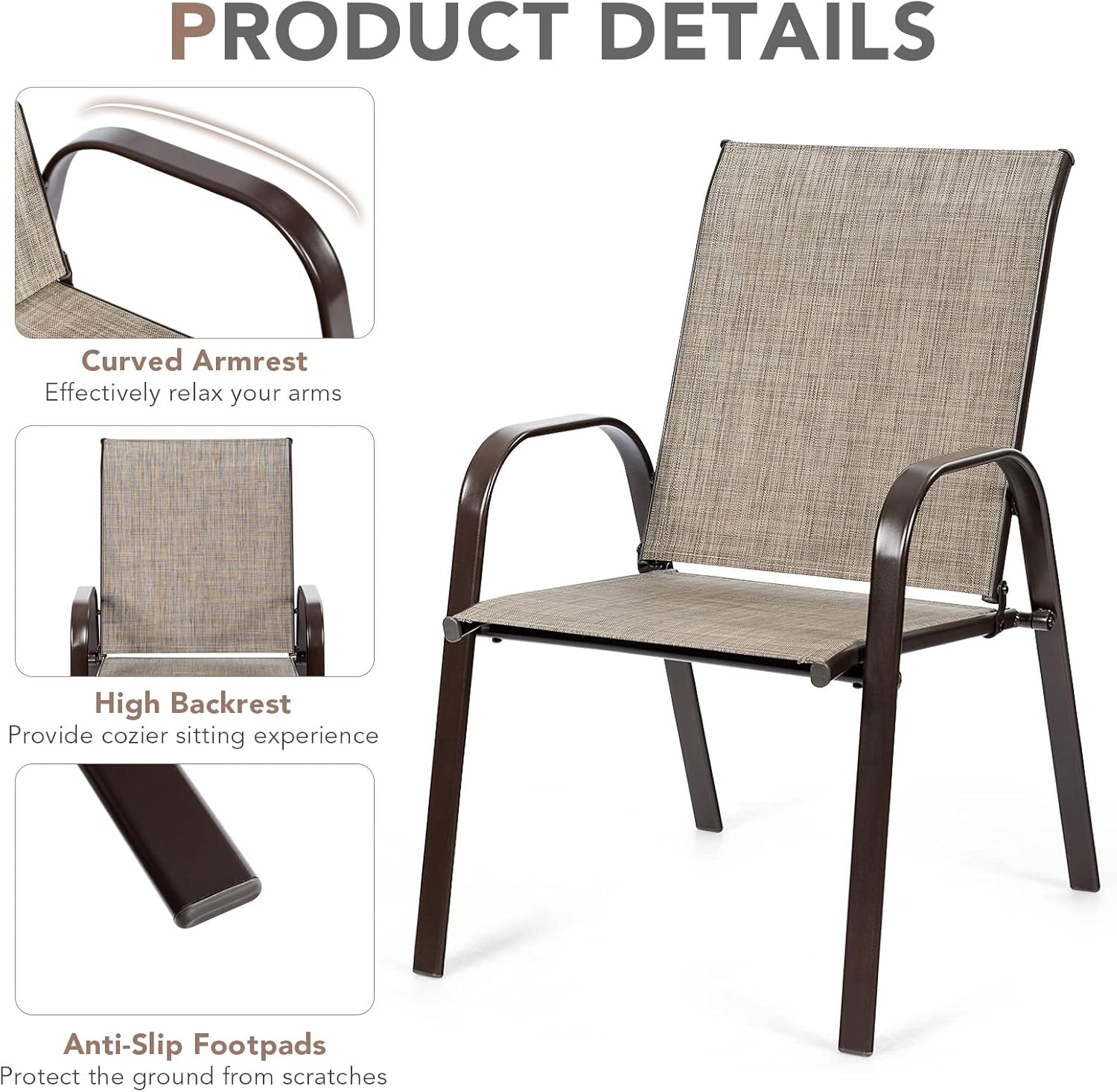 Tangkula 2 Piece Patio Dining Chairs, Outdoor Bistro Chairs W/Curved Armrests, Easy-to-Dry Fabric, Reinforced Steel Frame, Wide & Comfortable Camping Chairs for Garden, Poolside, Backyard (1, Grey)