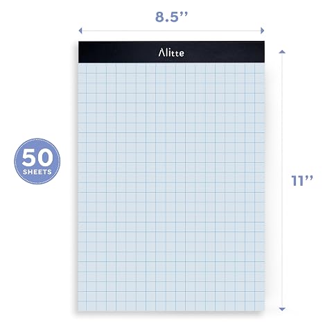 Alitte Graph Paper Pad, Pack of 3, White Letter Size - 2x2 Quad Grid Paper, Easy-Tear Perforations, 8.5 x 11 Cardboard Backing - Graph Notepads for School, Office -50 Sheets per Pad