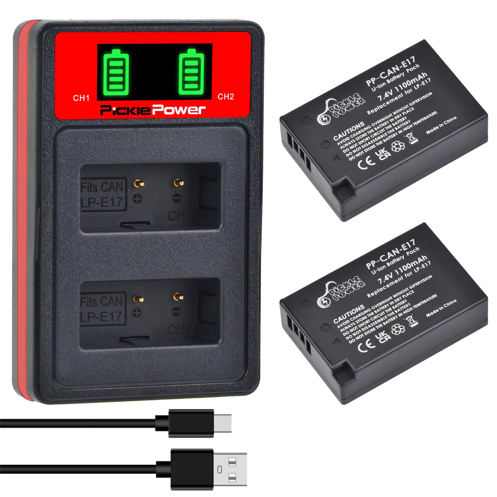 Pickle Power 2Pcs LP-E17 Batteries 1100 mAh avec Double Chargeur USB intégré pour Canon Rebel SL3 SL2 T8i T7i T6i T6s EOS M3 M5 M6 8000D 800D 760D 750D 200D 77D Kiss X8i