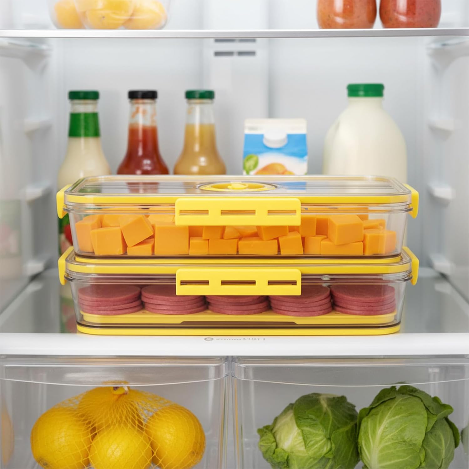 Cheese and Lunch Meat Container for Refrigerator with Drain Tray,Clear Deli Meat Storage Organizer, Airtight Bacon Keeper, Cold Cuts and Sandwich Meat Fridge Containers for Organizing-Yellow