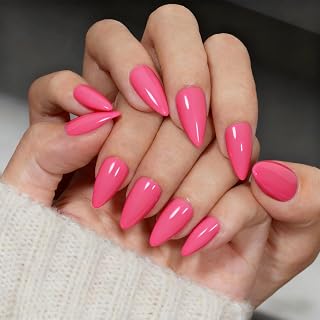 KQueenest Soft Gel Press on Nails Almond – Sheer Neon Rosa Nägel zum Aufkleben Mandel Mittel, Einfarbig Sommer Fake Nails, Glänzend Natürlich Künstliche Nägel Set für Frauen, 24 Stück